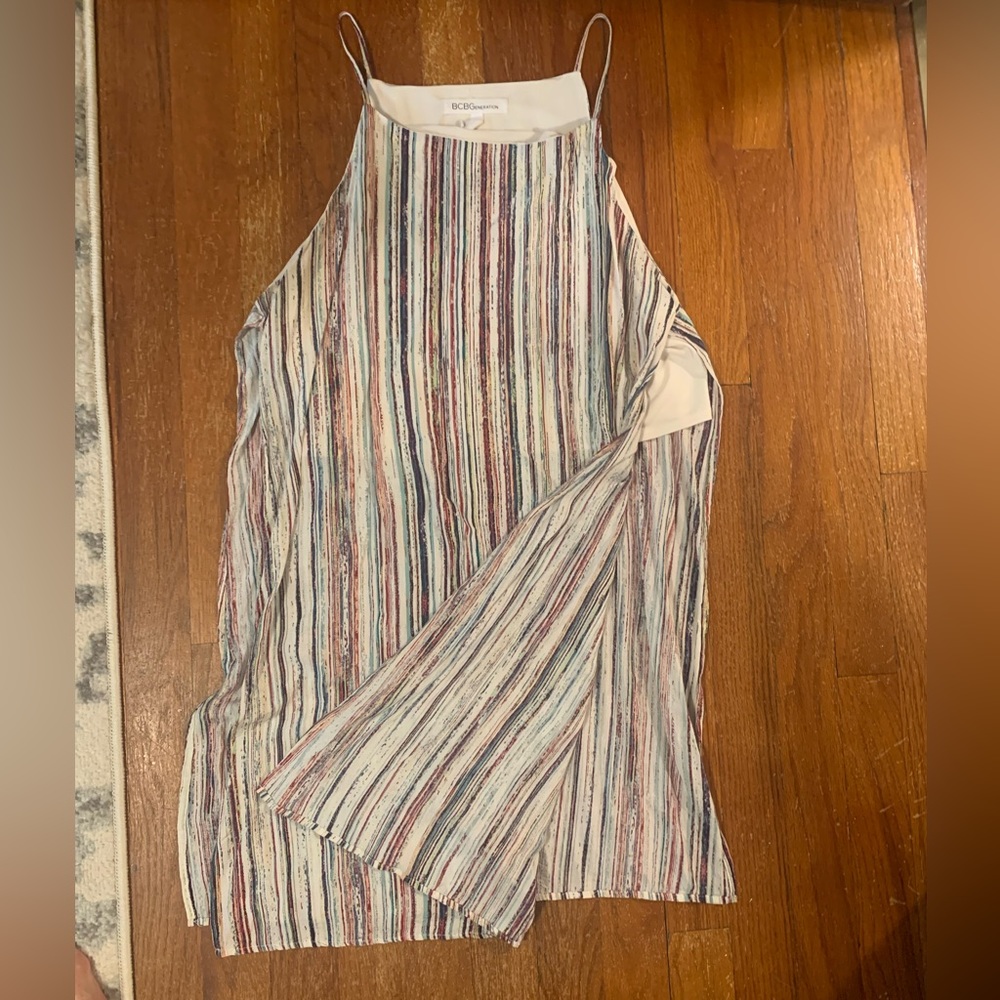 BCBGeneration whisper white/multi striped spaghetti strap top